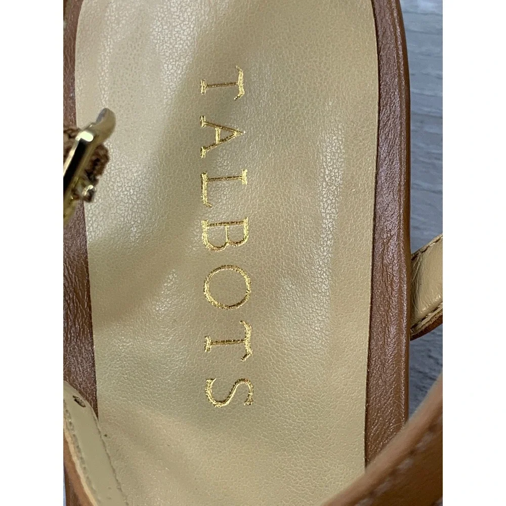 Talbots Women's 8 Cognac Brown Leather Strappy Low Wedge Ankle Strap Sandals